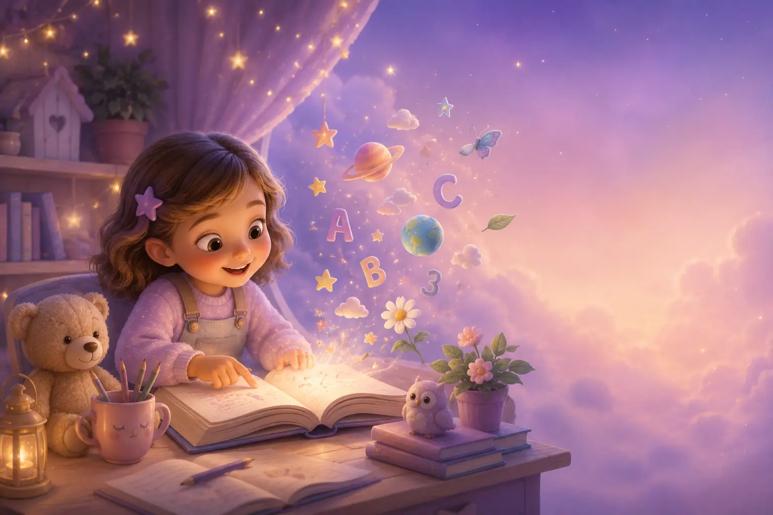 Bajki edukacyjne dla dzieci – dziecko czytające książkę w magicznym pokoju pełnym gwiazdek i liter